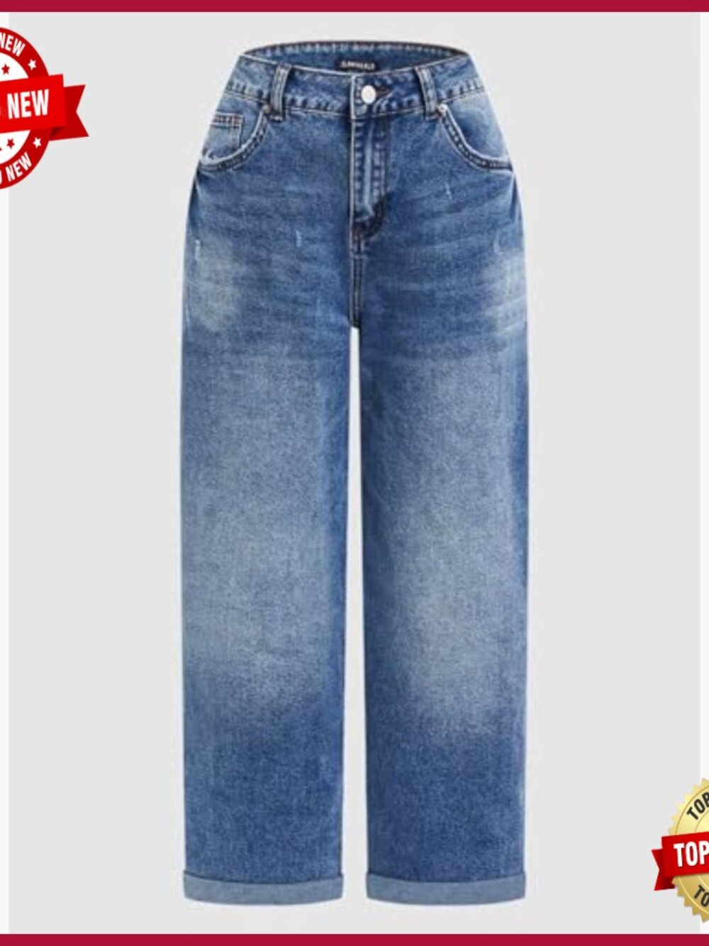 Straight Leg Cropped Jeans Mid Rise Boyfriend Fit Roll Hem Denim Pants - Picture 4 of 7